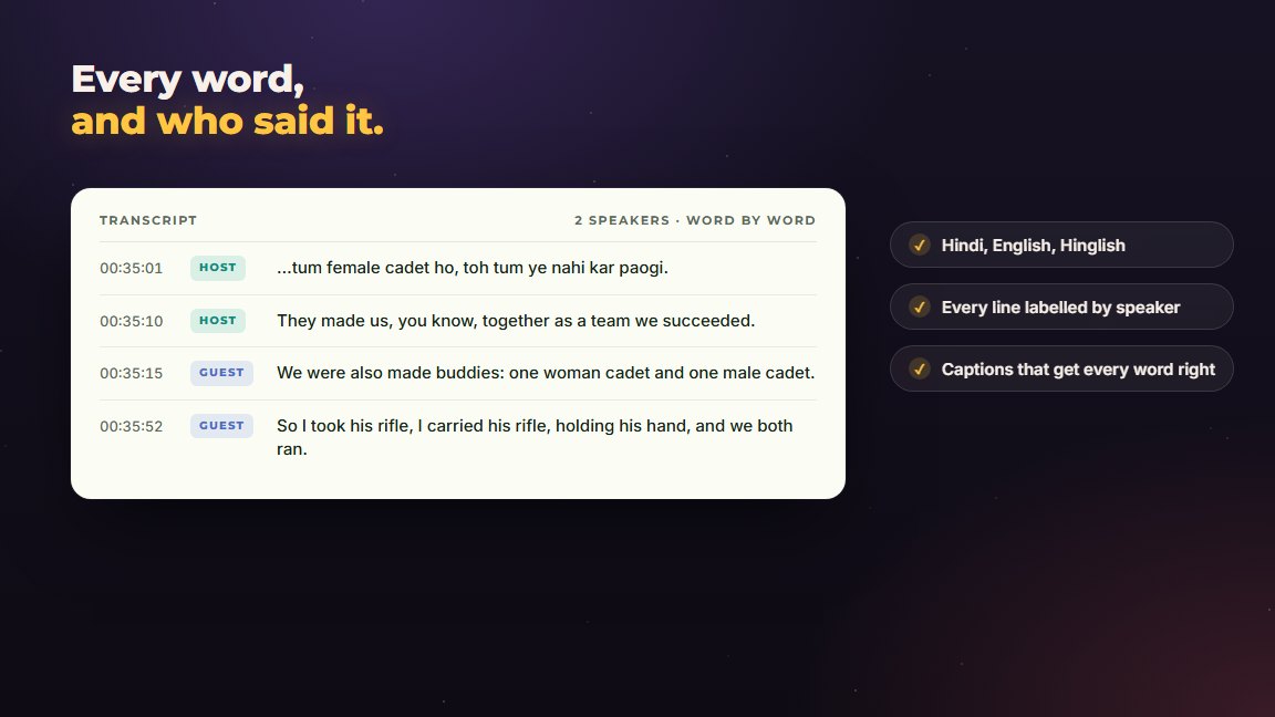 A transcript with every line labelled host or guest, in Hindi, English and Hinglish